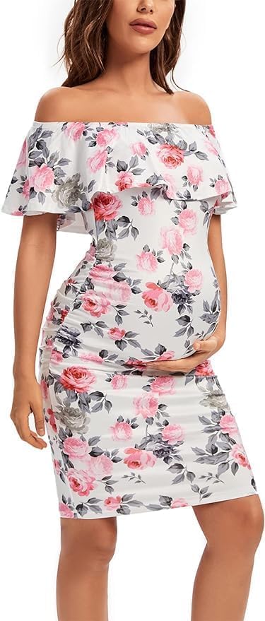 Shen&Qege Umstandskleid Lässig mit Schulterfreiheit, Rüschen, ärmellos, Bodycon, Umstandsmode Sommer