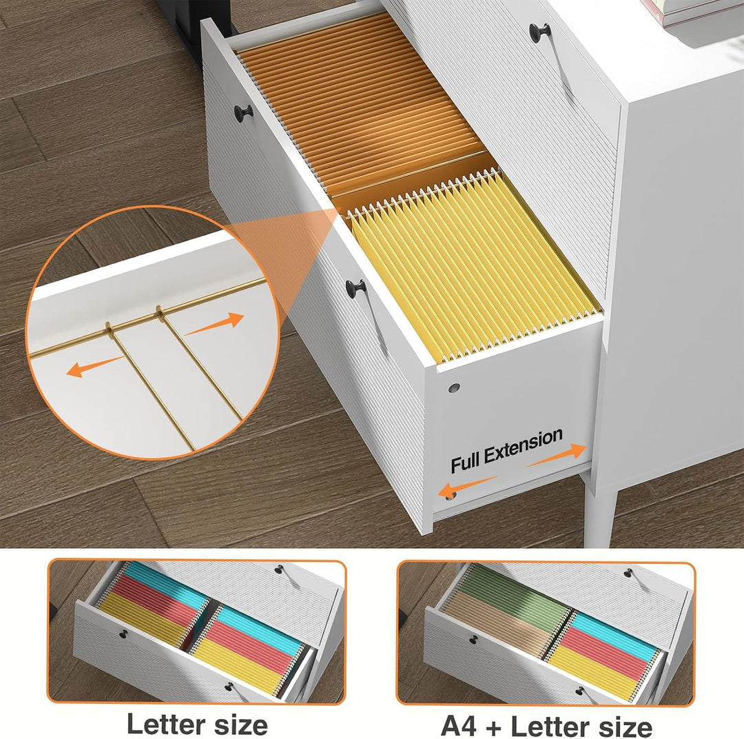 Weisser Aktenschrank für Homeoffice - 2 Schubladen mit Hängeschiene für Letter/A4/Legal, Druckerabla