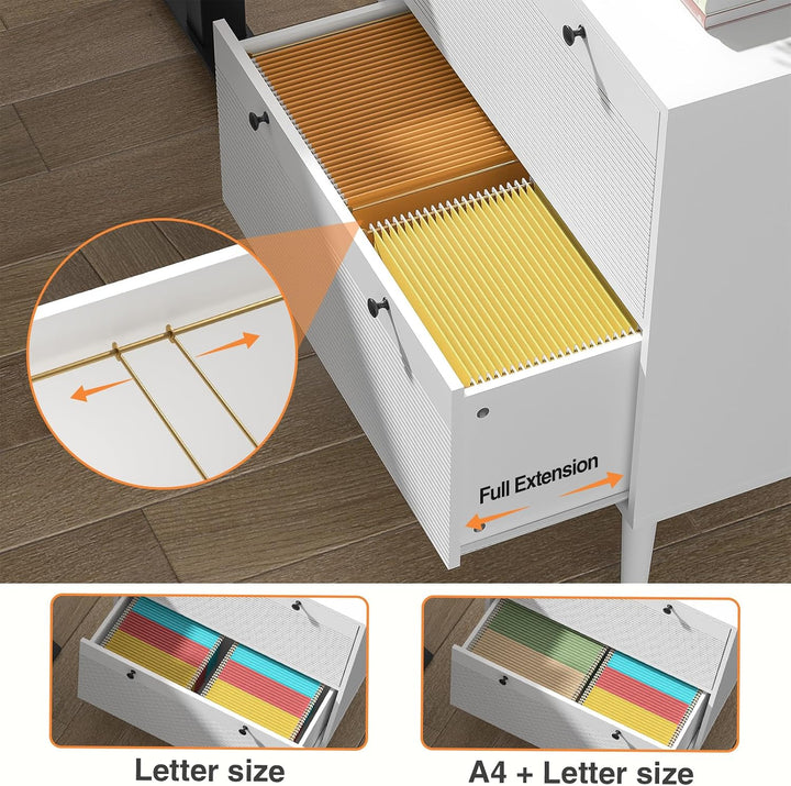 Weisser Aktenschrank für Homeoffice - 2 Schubladen mit Hängeschiene für Letter/A4/Legal, Druckerabla