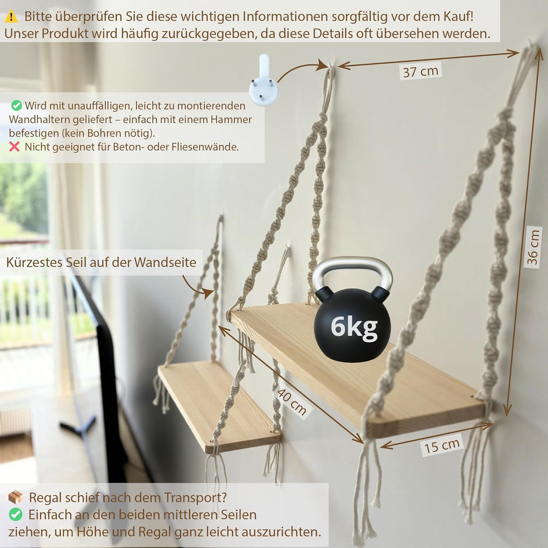 2er Makramee-Wandregal Boho Regal Wand – Wandregal Holz Boho Style, Hängeregal Holz Seil, Regal zum