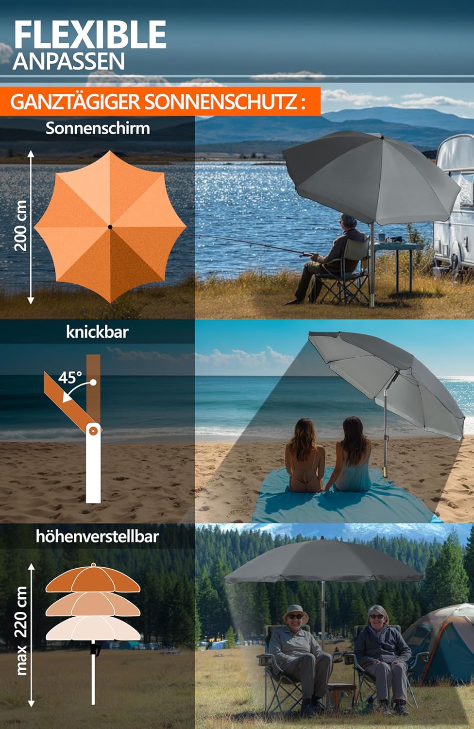 4smile Sonnenschirm Strand Ø 200 cm, 3-in-1 SET mit Rasendorn, Anthrazit | Strandschirm windfest sta