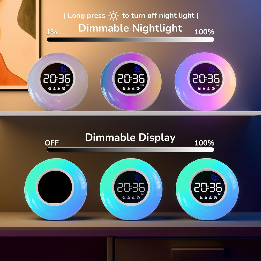 Wecker Digital, Kinderwecker mit Nachtlicht, 12 White Noise, 2 Alarmanzeige, Snooze und Timer, Einst