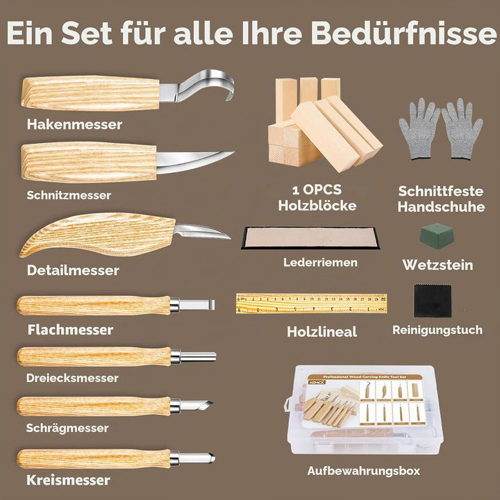 HOMCA Holz Schnitzwerkzeug Set, 23 in 1 Schnitzset mit 7 Schnitzmesser für Kinder&amp;Erwachsene, Holzwe