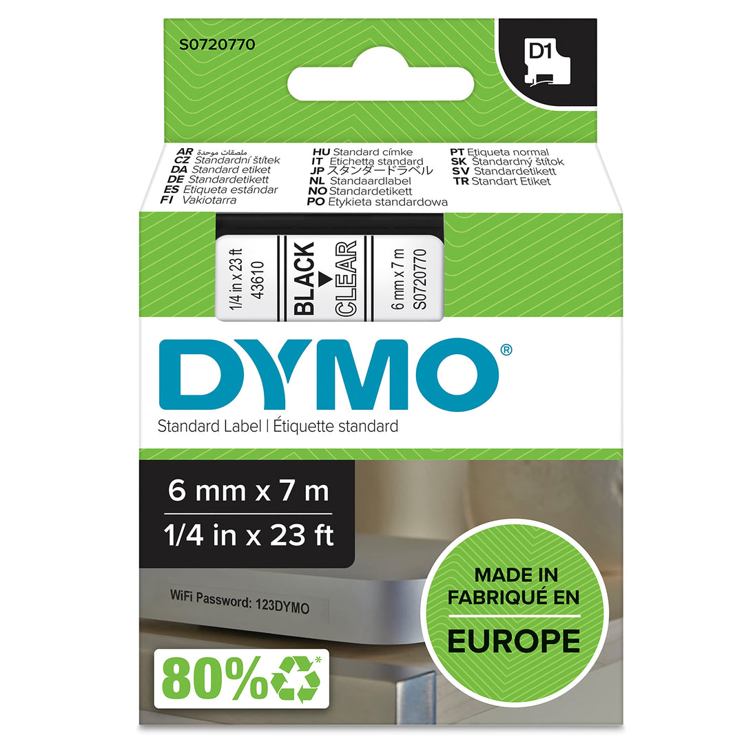 DYMO Original D1-Etikettenband | schwarz auf transparent | 6 mm x 7 m | selbstklebendes Schriftband