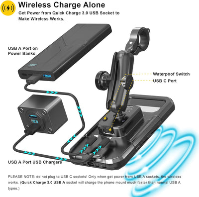 wasserdichte Motorrad-Handyhalterung IP67 mit Kabellosem Qi/USB C 3.0 Ladegerät-iMESTOU Anti-Diebsta