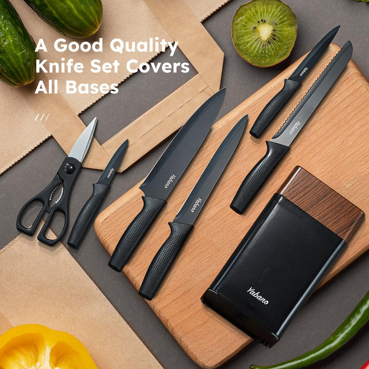Yabano Messerblock Set, 7 teilig Messerset mit Messerblock und integriertem Messerschärfer,Küchenmes
