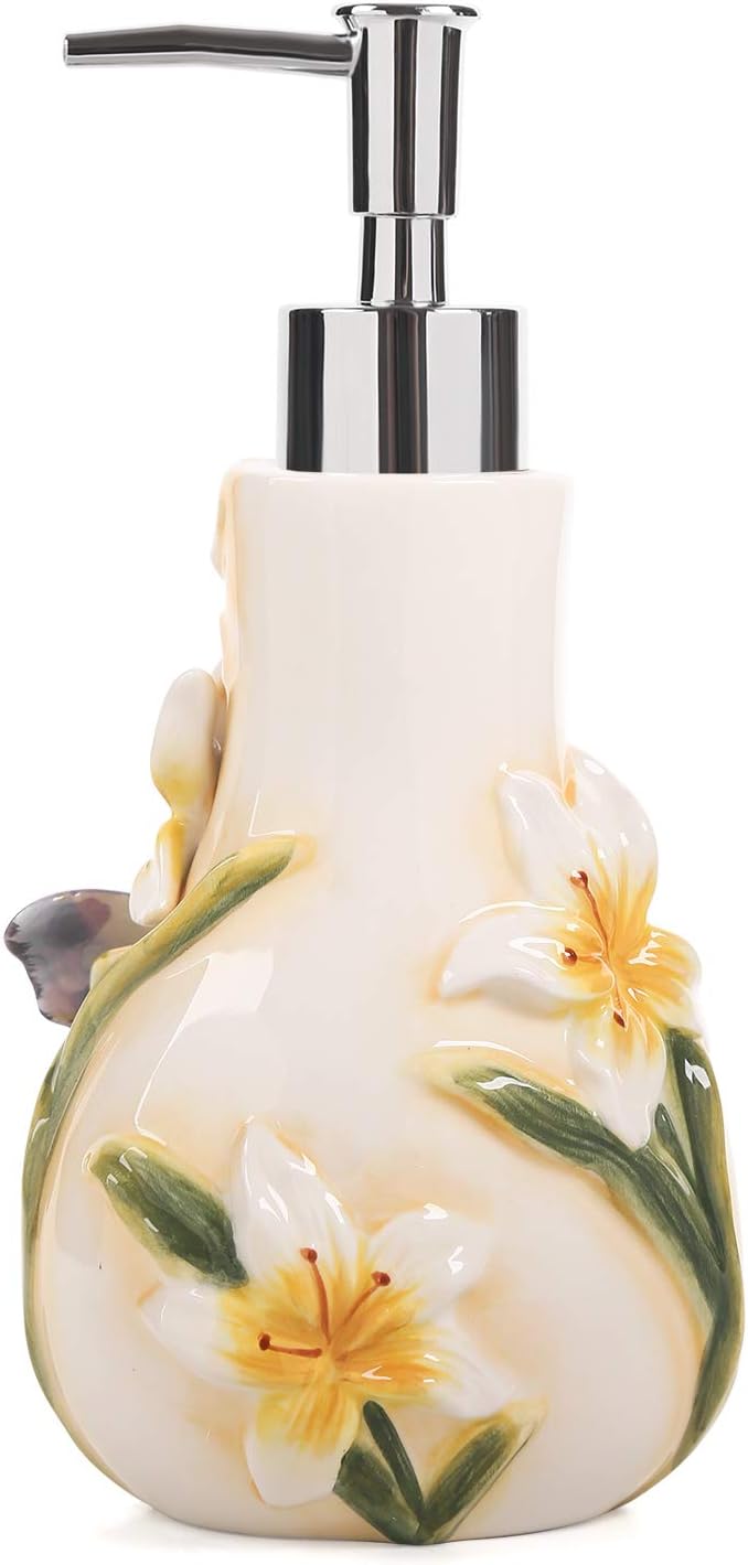 Seifenspender Keramik 3D Handbemalt Schmetterling und Lilien Blume Lotion Spender Badezimmer Zubehör