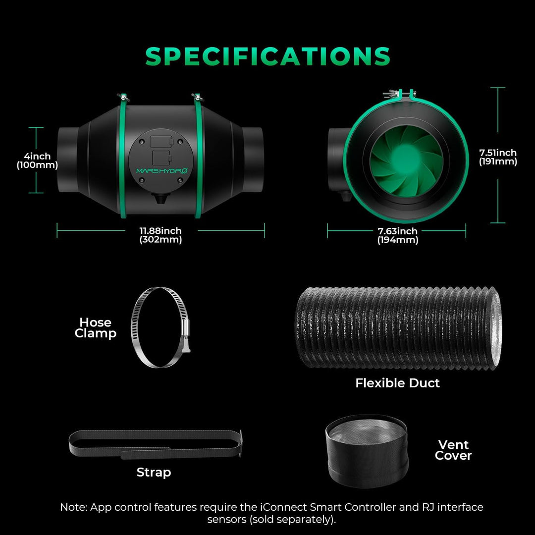 MARS HYDRO 4 Zoll Smart Inline Fan Kit, mit variablem Geschwindigkeitsregler, Temperatur- und Luftfe