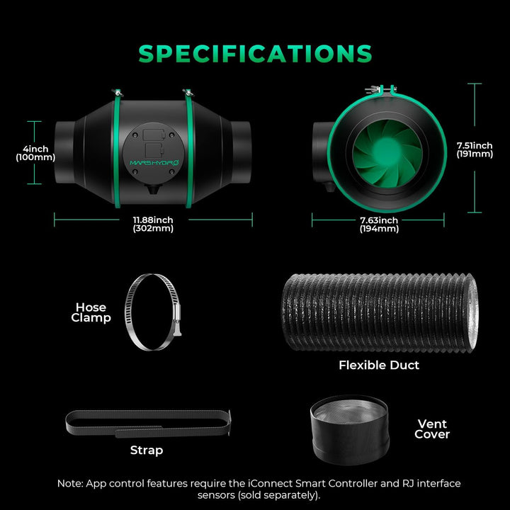 MARS HYDRO 4 Zoll Smart Inline Fan Kit, mit variablem Geschwindigkeitsregler, Temperatur- und Luftfe