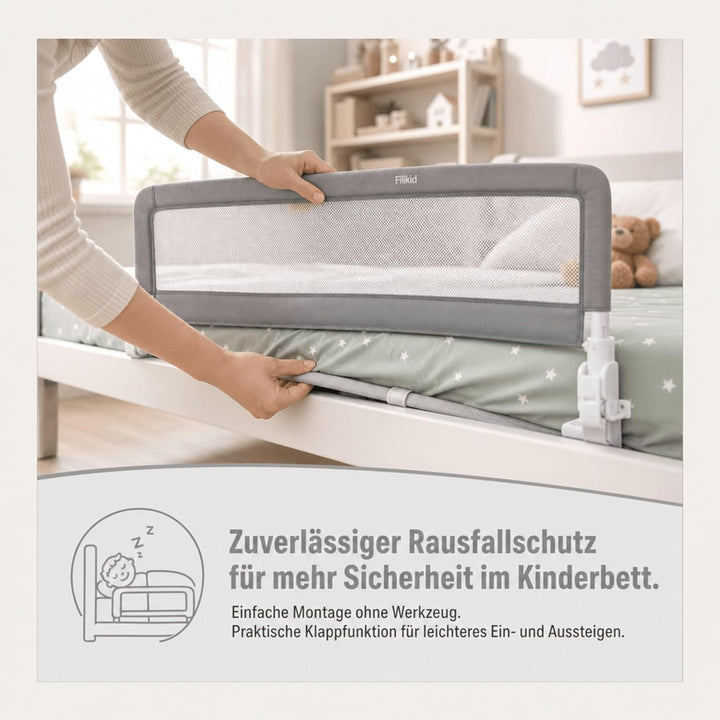 Fillikid Bettgitter für Standardbetten grau, Bettschutzgitter 150cm x 50cm, 100cm x 50cm, Kinderbett