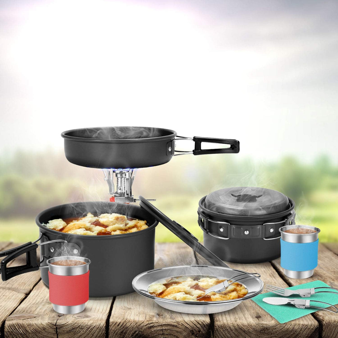 Odoland Kochgeschirr Camping-Set mit Töpfen und Pfanne Tasse Teller Besteck faltbar Geschirr für 1-2