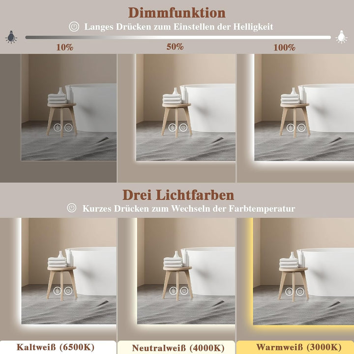 Badspiegel-mit-Beleuchtung 60x100cm - LED Badezimmerspiegel Badezimmer Spiegel mit Beleuchtung, Touc