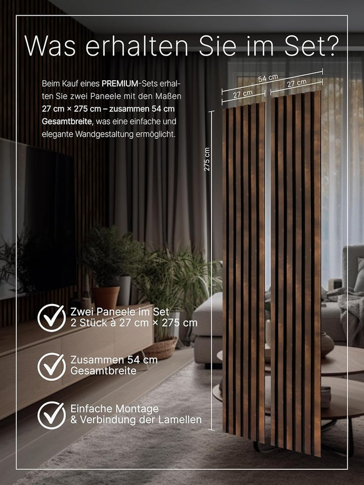wohnartig® Akustikpaneele 1,485m² - 275cm x 54cm* set - (set = 2 Stück 275cm x 27cm) | Farbe: Antiqu