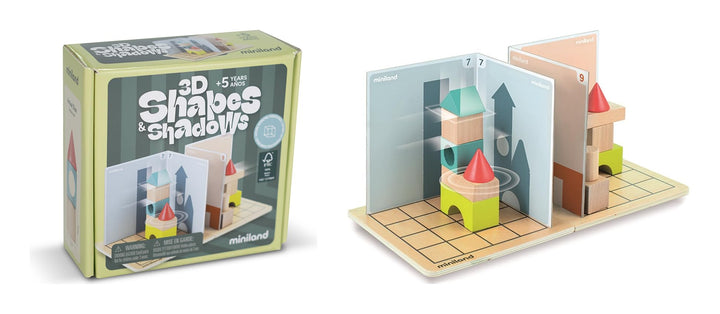 Miniland – Shapes & Shadows: Lernspiel zur räumlichen Logik, bei dem aus 2D-Schatten 3D-Figuren geba
