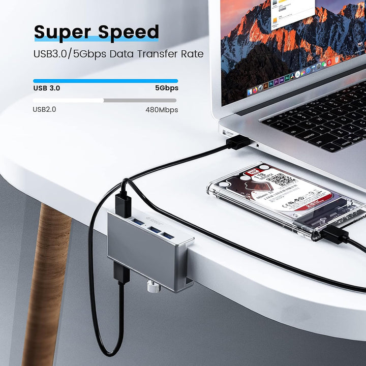 ORICO USB Hub Clip-Typ, 4 Port USB 3.0 Hub 5 Gbps Super Speed Mini Aluminum Datenhub Mit 150cm Kabel