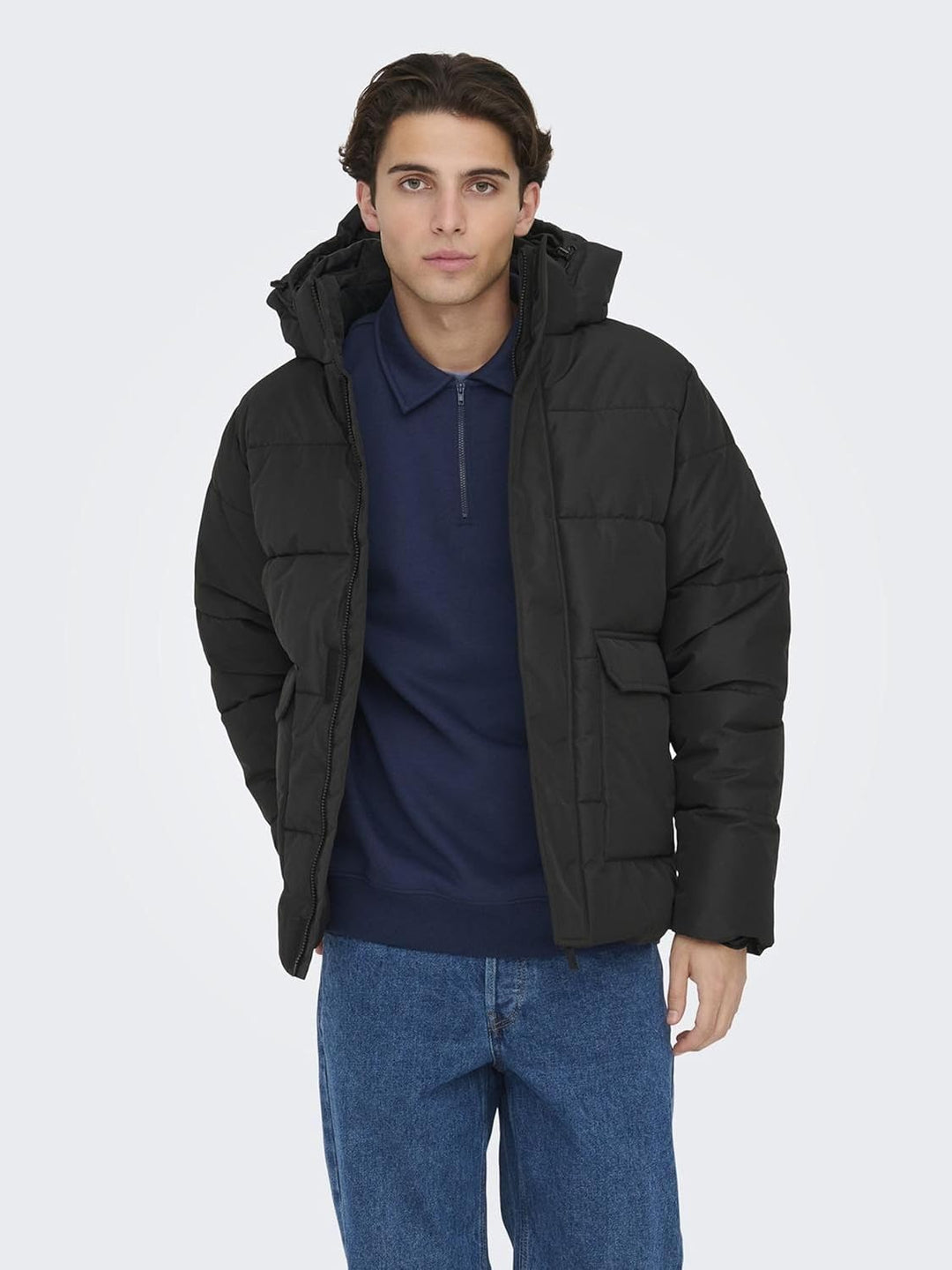 ONLY & SONS male Daunenjacke Abnehmbare Kapuze Jacke XXL Schwarz, XXL Schwarz