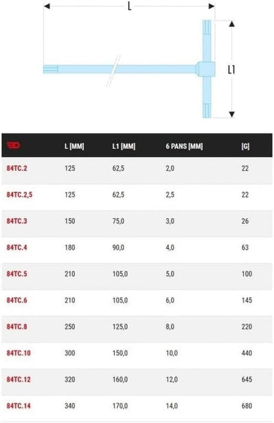 FACOM Stiftschlüssel mit T-Griff 6 Kant,SW 6,Länge 210 mm, 1 Stück, 84TC.6 6mm, 6mm