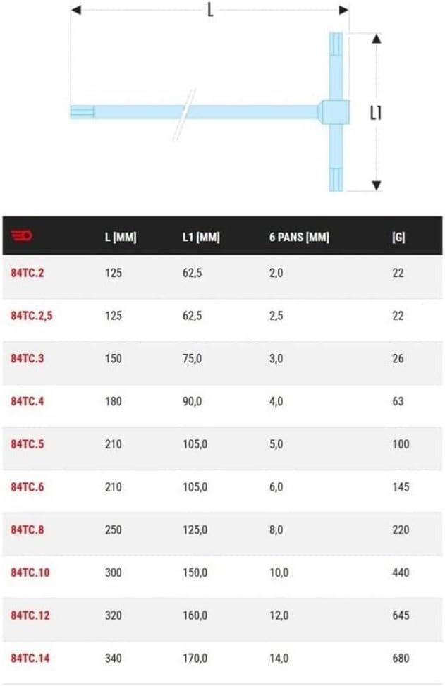 FACOM Stiftschlüssel mit T-Griff 6 Kant,SW 6,Länge 210 mm, 1 Stück, 84TC.6 6mm, 6mm