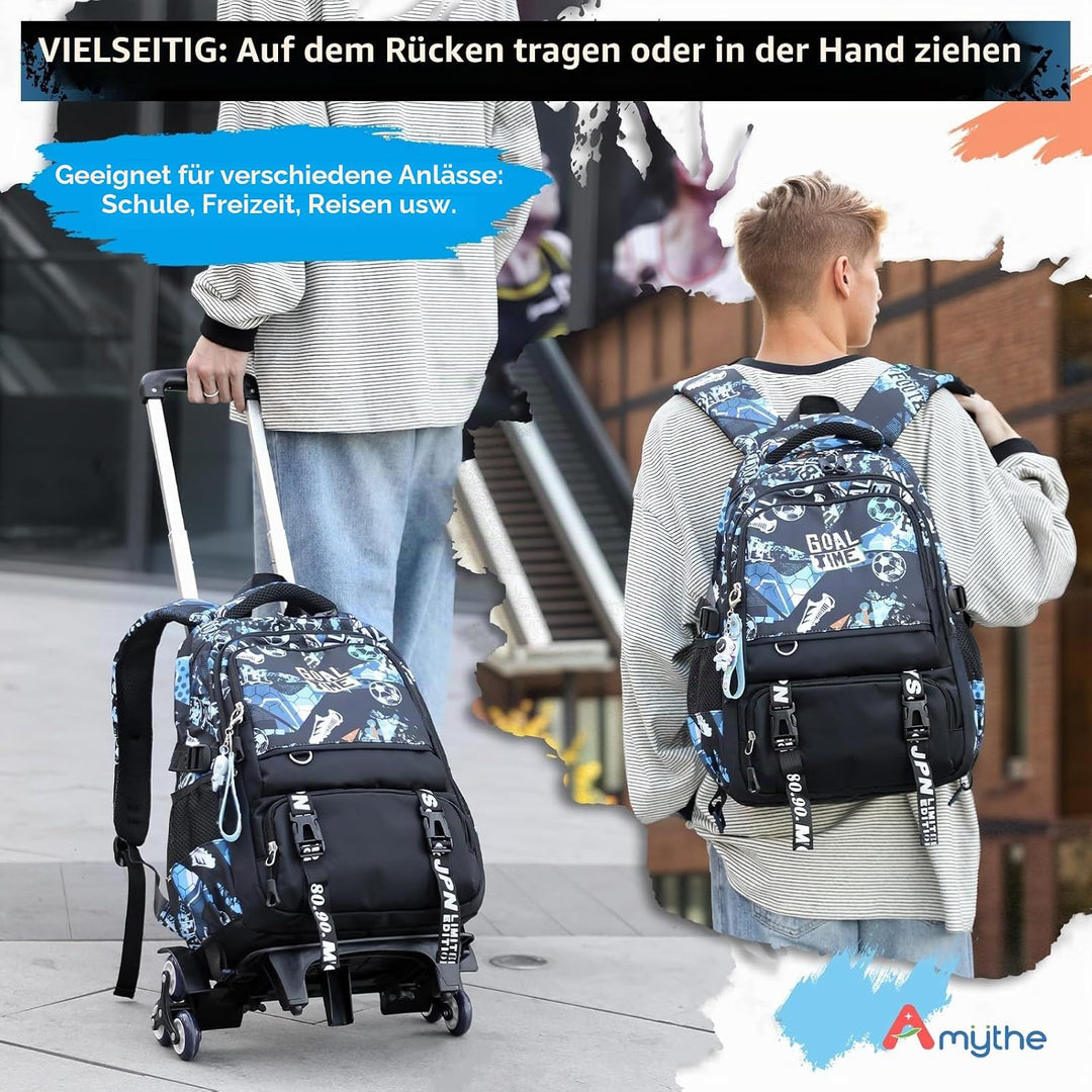 Amythe Schulrucksack Trolley für Jungen, Schulranzen mit Rollen für Kinder Teenager, Modischer Schul