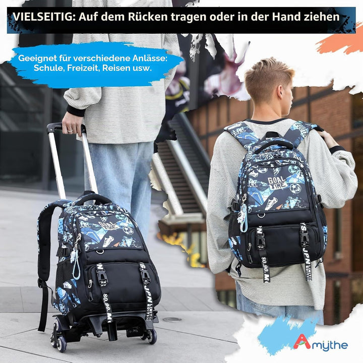 Amythe Schulrucksack Trolley für Jungen, Schulranzen mit Rollen für Kinder Teenager, Modischer Schul