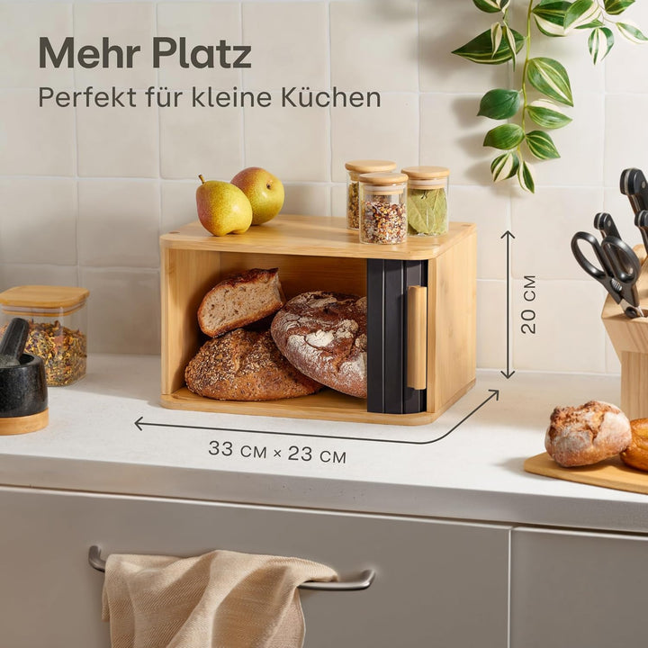 Praknu Brotkasten klein aus FSC® Holz mit Schiebetür - Brotaufbewahrung 33x23cm - Platzsparend und s