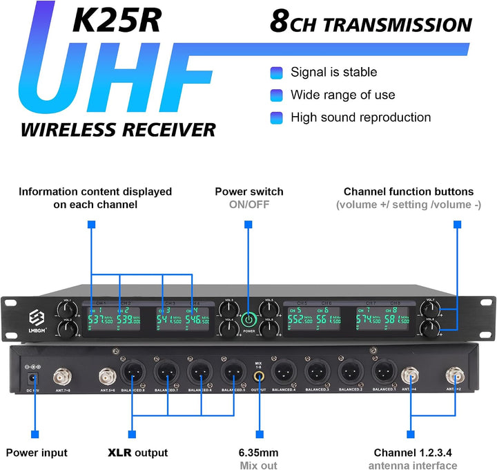 K-25R Wireless Microphone System, 8-Channel UHF Handheld and bodypack Microphones for Stage Performa