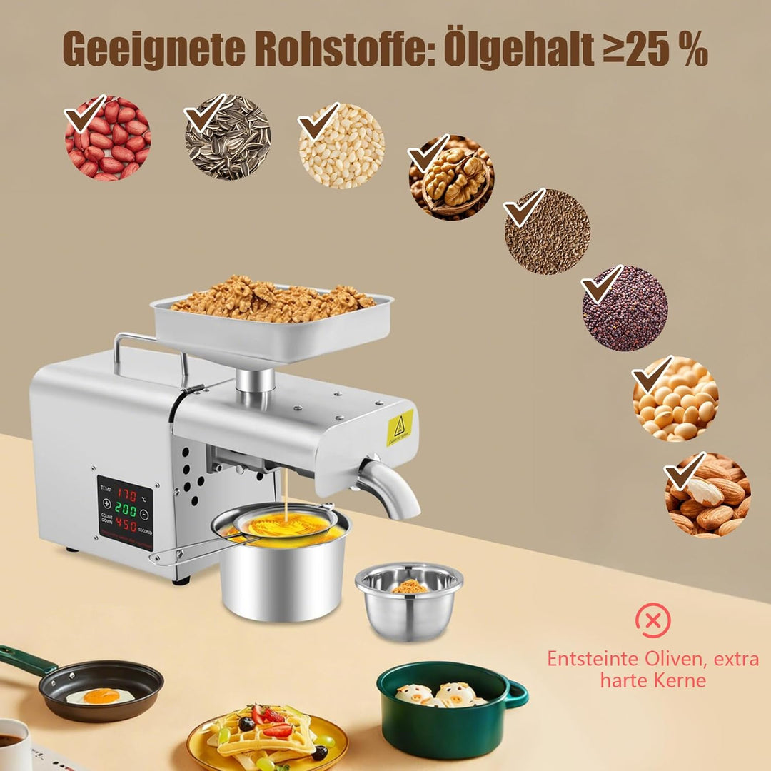 Ölpresse Elektrische Ölpresse aus Edelstahl 304, 150W Vollkupfermotor für Kalt & Heisspressung, 6-13
