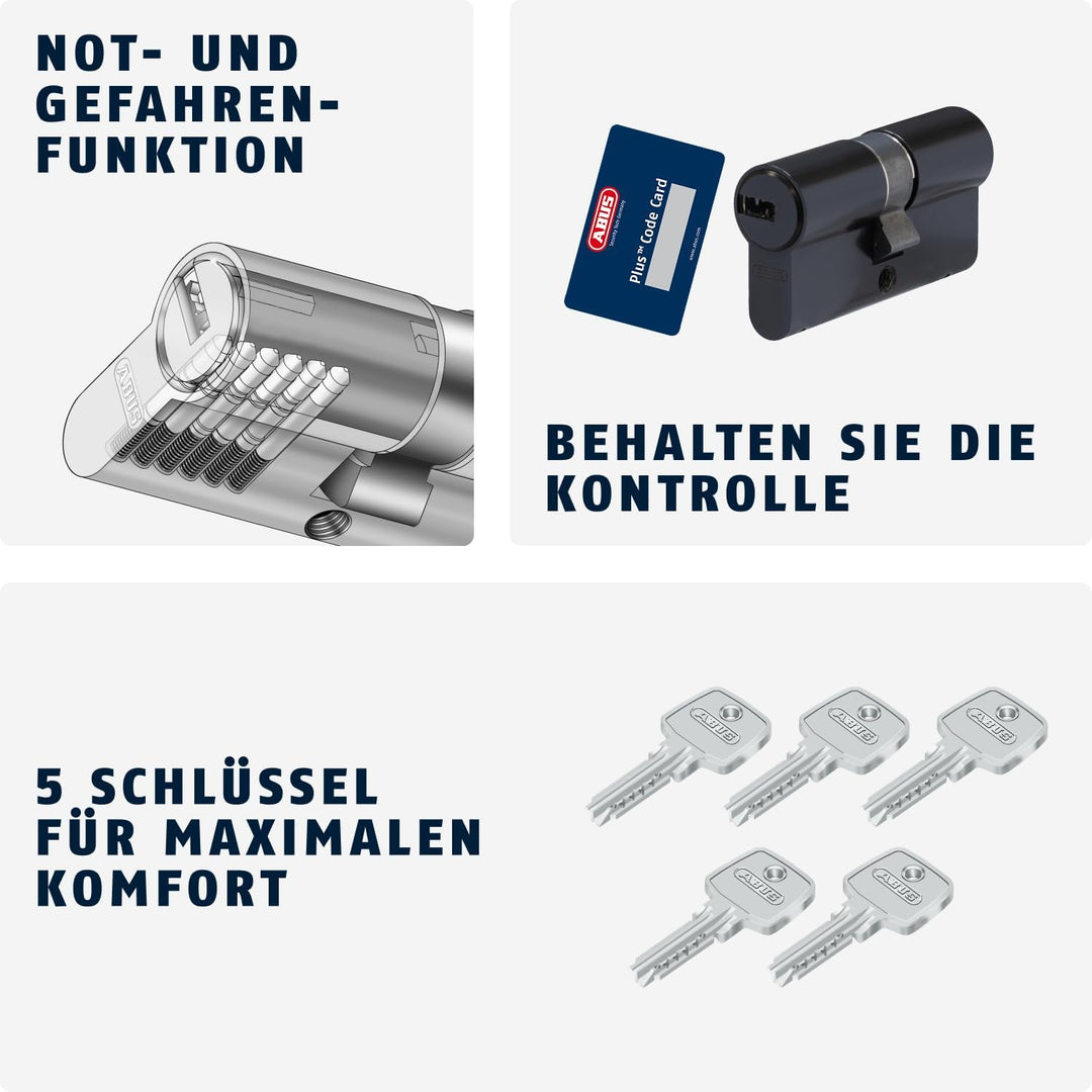 ABUS Profil-Zylinder D6XBL 40/50 mit Codekarte und 5 Schlüsseln - 96805 - schwarz Schwarz 40/50, Sch
