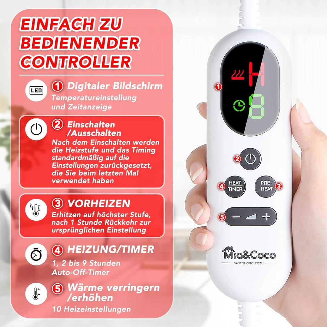 Heizdecke mit Abschaltautomatik, 130x160cm, 10 Heizstufen Up-to-9 Stunden Auto-Off-Timer Überhitzung