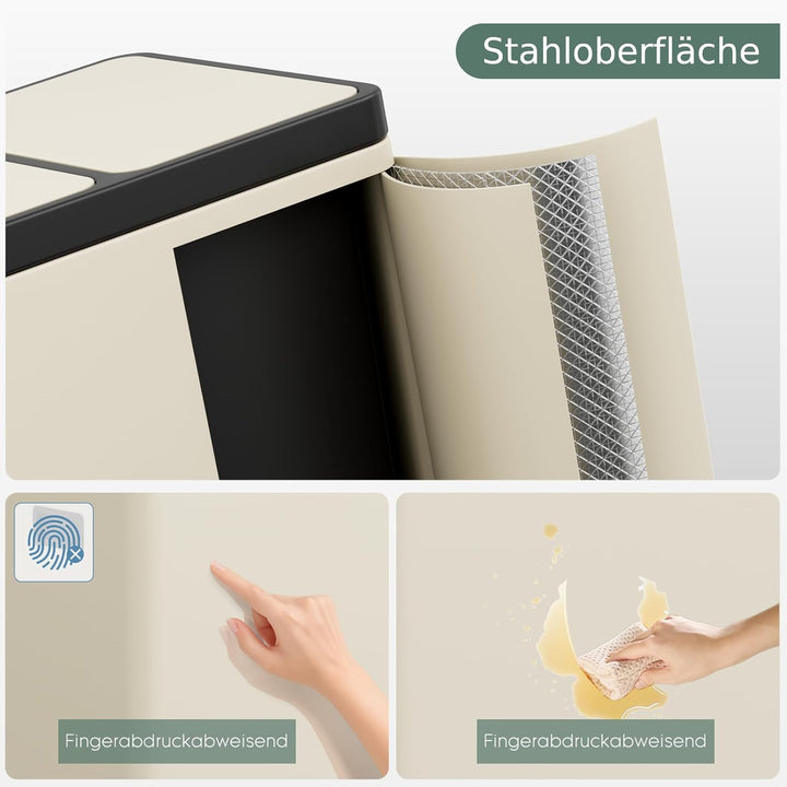 Clevich Mülltrennsystem 3×15L aus Stahl, Mülleimer 3 Fächer mit farbcodierten Pedalen, Abfalleimer m