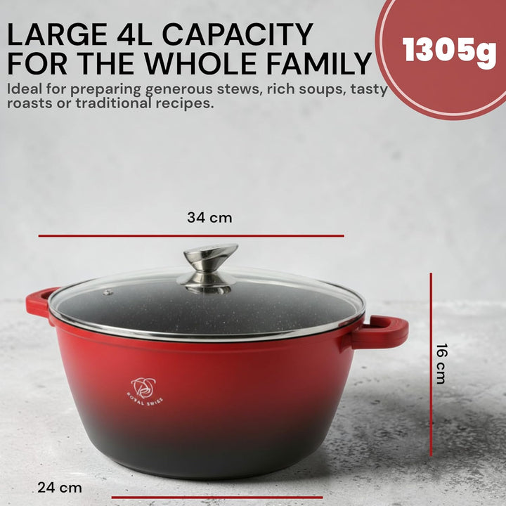 Royal Swiss Kochtopf, Schwarz, 4l, Marmorbeschichtung, Glasdeckel, geeignet für Induktion & Ofen, Al