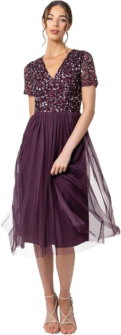 Maya Deluxe Damen Midi-Kleid mit V-Ausschnitt, Verziert Brautjungfernkleid Beere 34, Beere 34