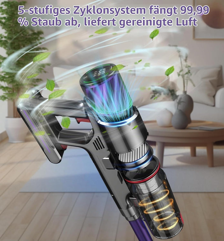 AKKU Staubsauger Kabellos 550W Leistungstark, Akku Sauger Beutellos mit Touchscreen Selbststehend An