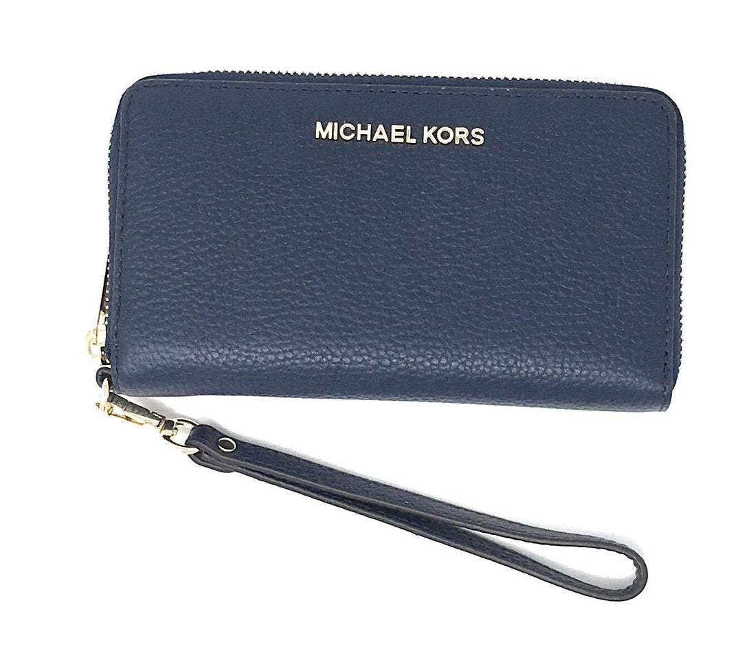 Michael Kors Jet Set Travel Large Flat Multifunction Phone Case Wristlet Pebble Leather Blau, Blau