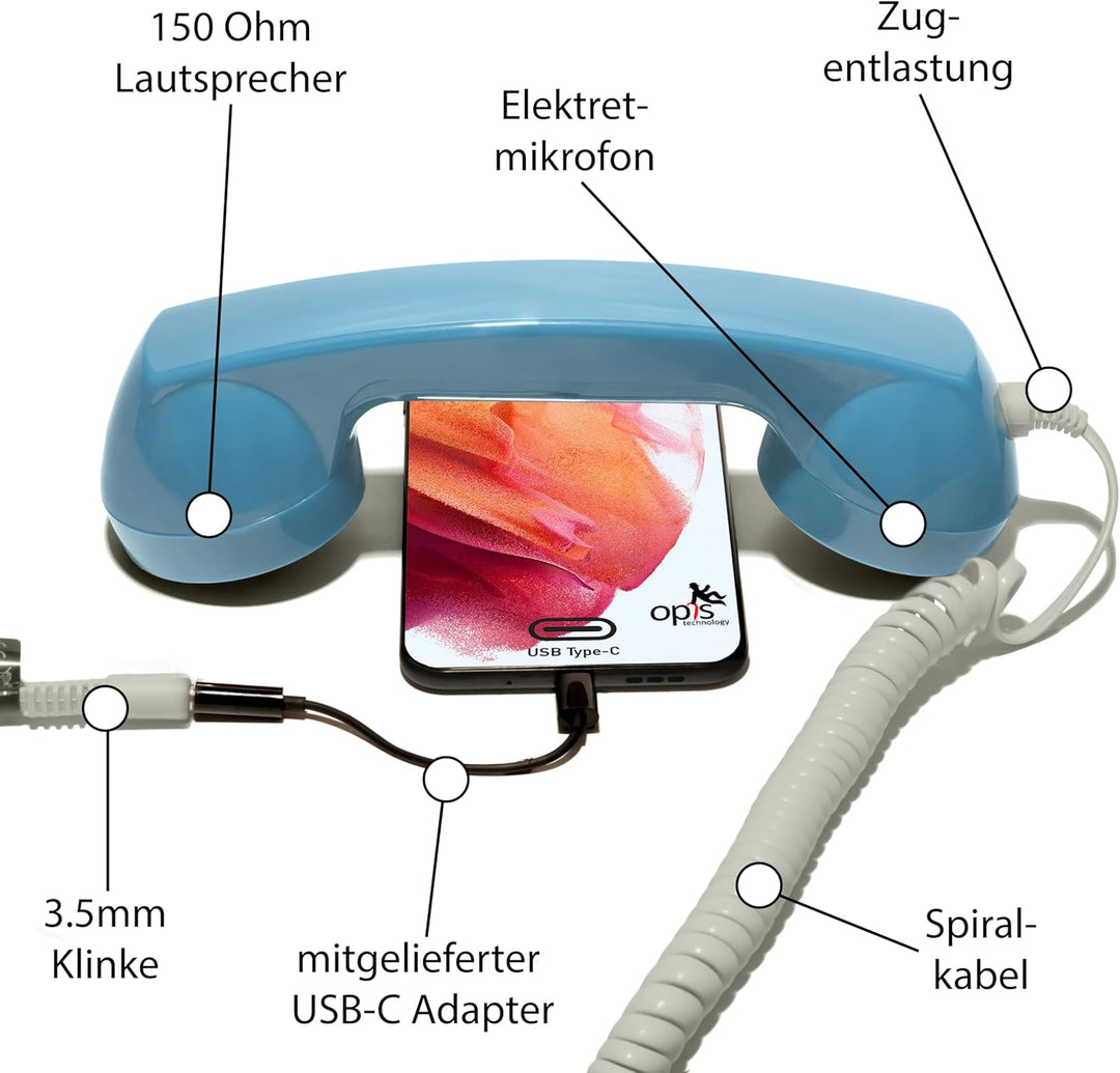Opis 60s Micro - Retro Handyhörer für Android Smartphones, Tablets, Notebooks und Handys in der Form