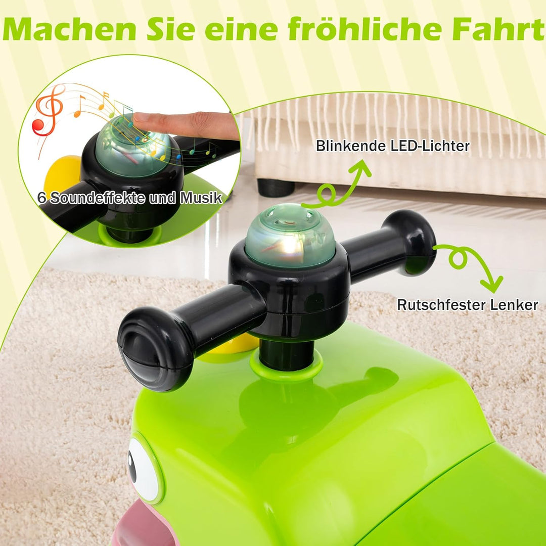 DREAMADE Rutschauto, Dinosaurier Rutschfahrzeug mit Hupe, Musik, Lichtern, Stauraum unter dem Sitz &