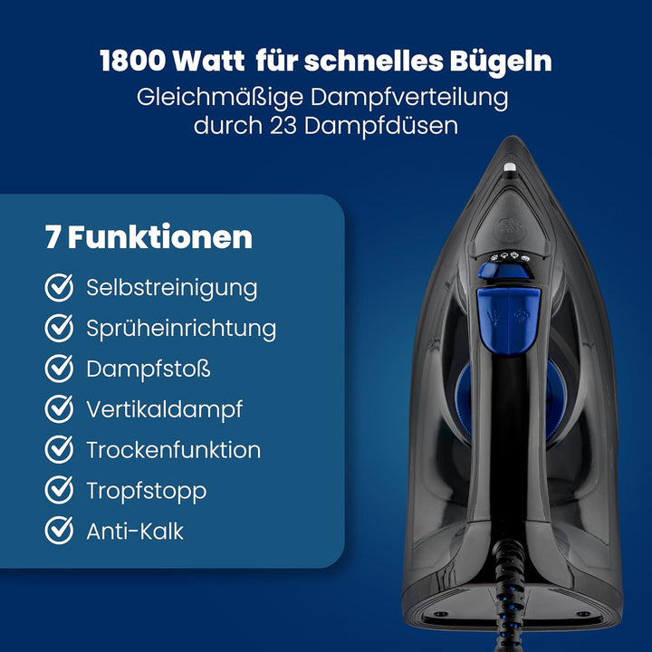 Clatronic® Dampfbügeleisen | 7 Funktionen | 150 ml Wassertank | 1800 Watt | Bügeleisen | Selbstreini
