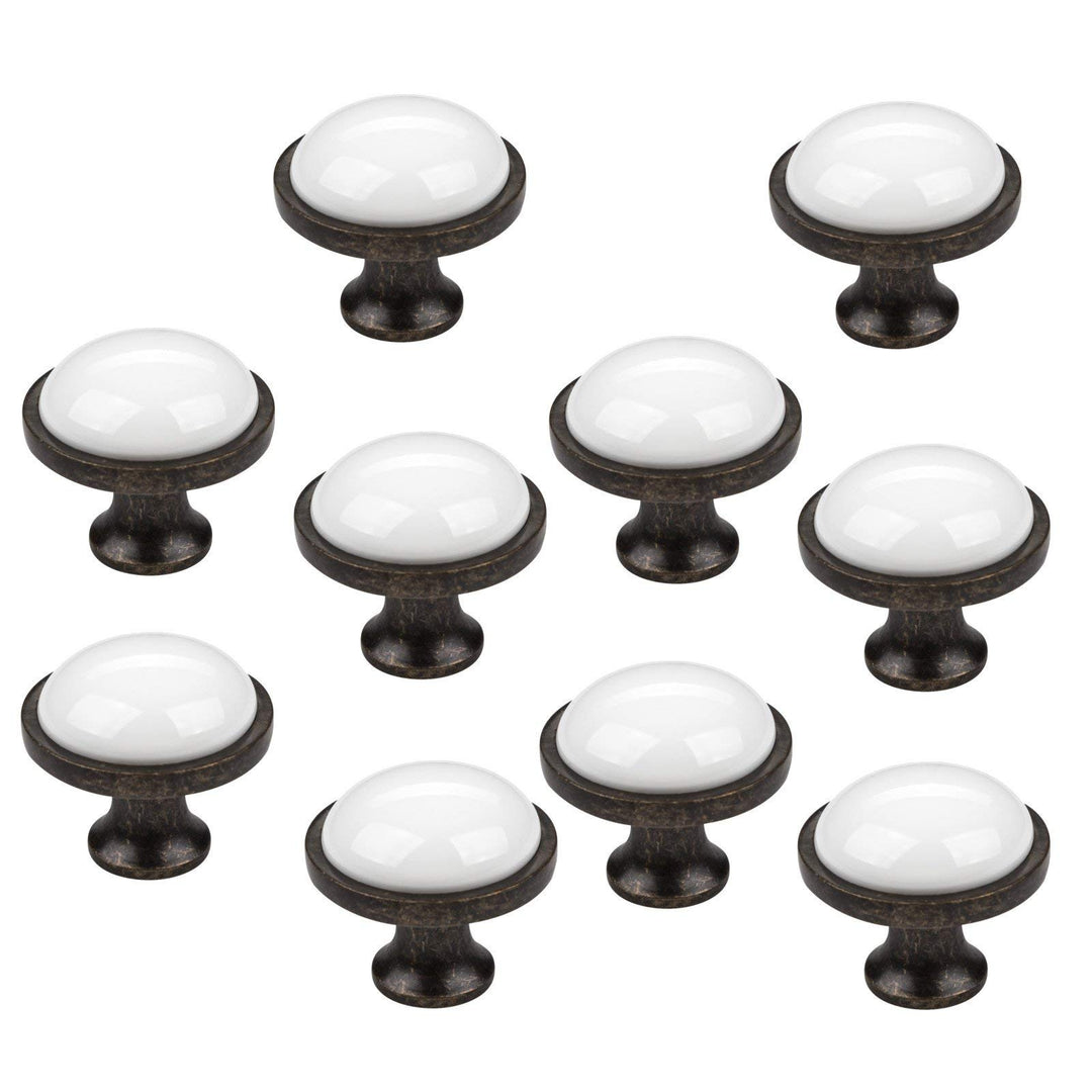 SO-TECH® 10er SET Küchengriff Antikgriff ANSGAR Ø: 34 mm weiss mit Metallfuss in Messingoptik Antik