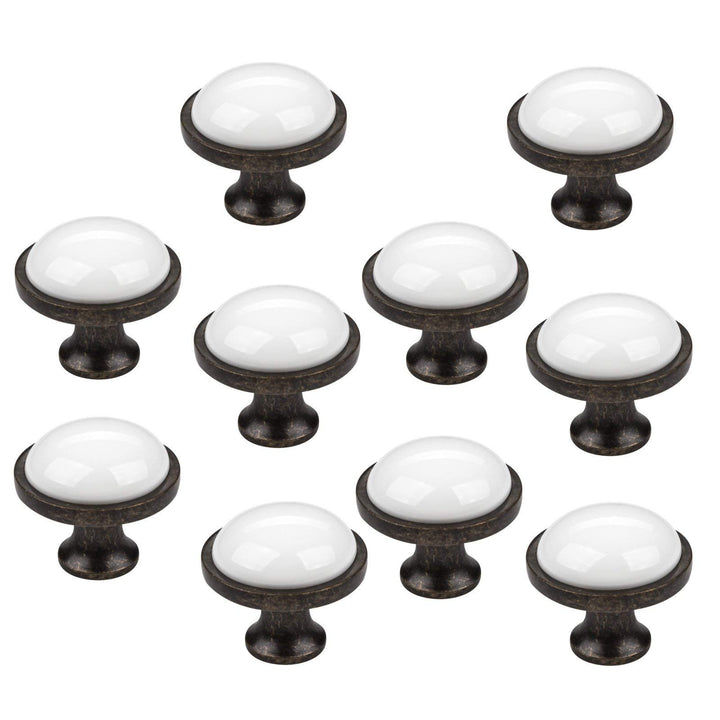 SO-TECH® 10er SET Küchengriff Antikgriff ANSGAR Ø: 34 mm weiss mit Metallfuss in Messingoptik Antik
