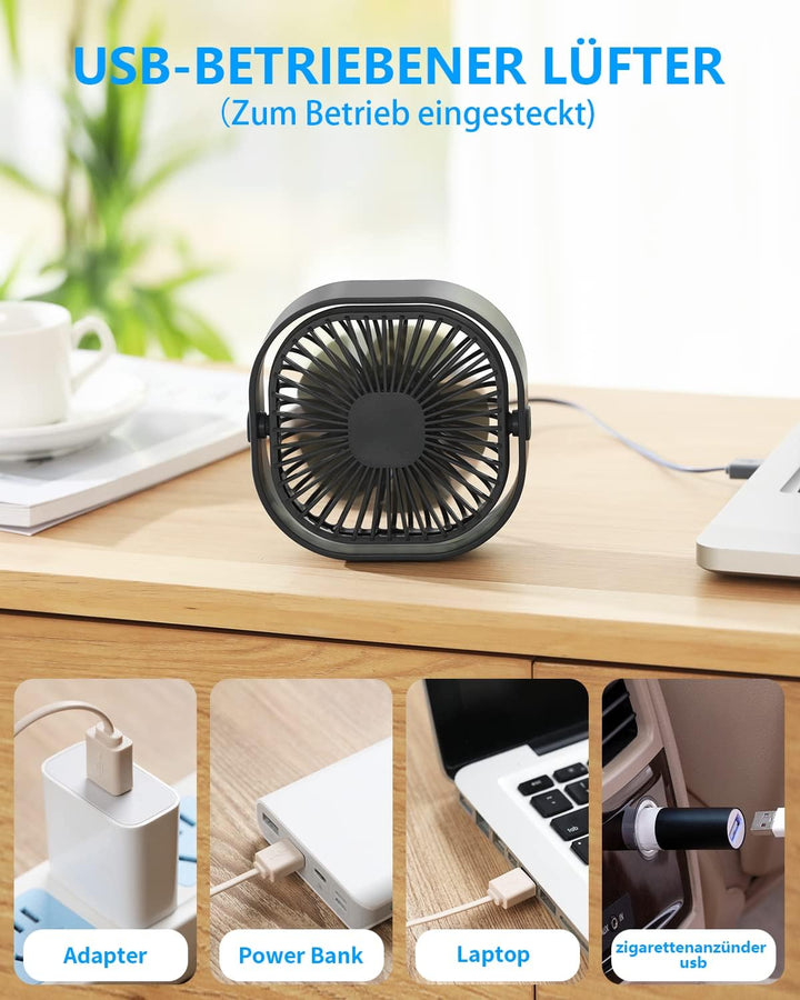 USB Tischventilator Leise Klein,360° Mini Ventilator Grow,Small Table Fan Mit 3 Stufe,BüRo Ventilato