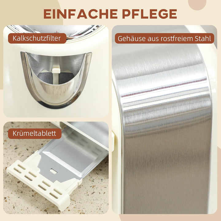 HOMCOM Wasserkocher Toaster Set mit Strix Thermostat Edelstahl Frühstück-Set mit 4 Scheiben Toaster,