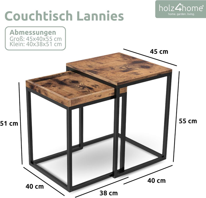 holz4home® Couchtisch Eckig, 2er Set Lannies | 45x40x55 cm | einfache Montage | Industrial-Look Brau