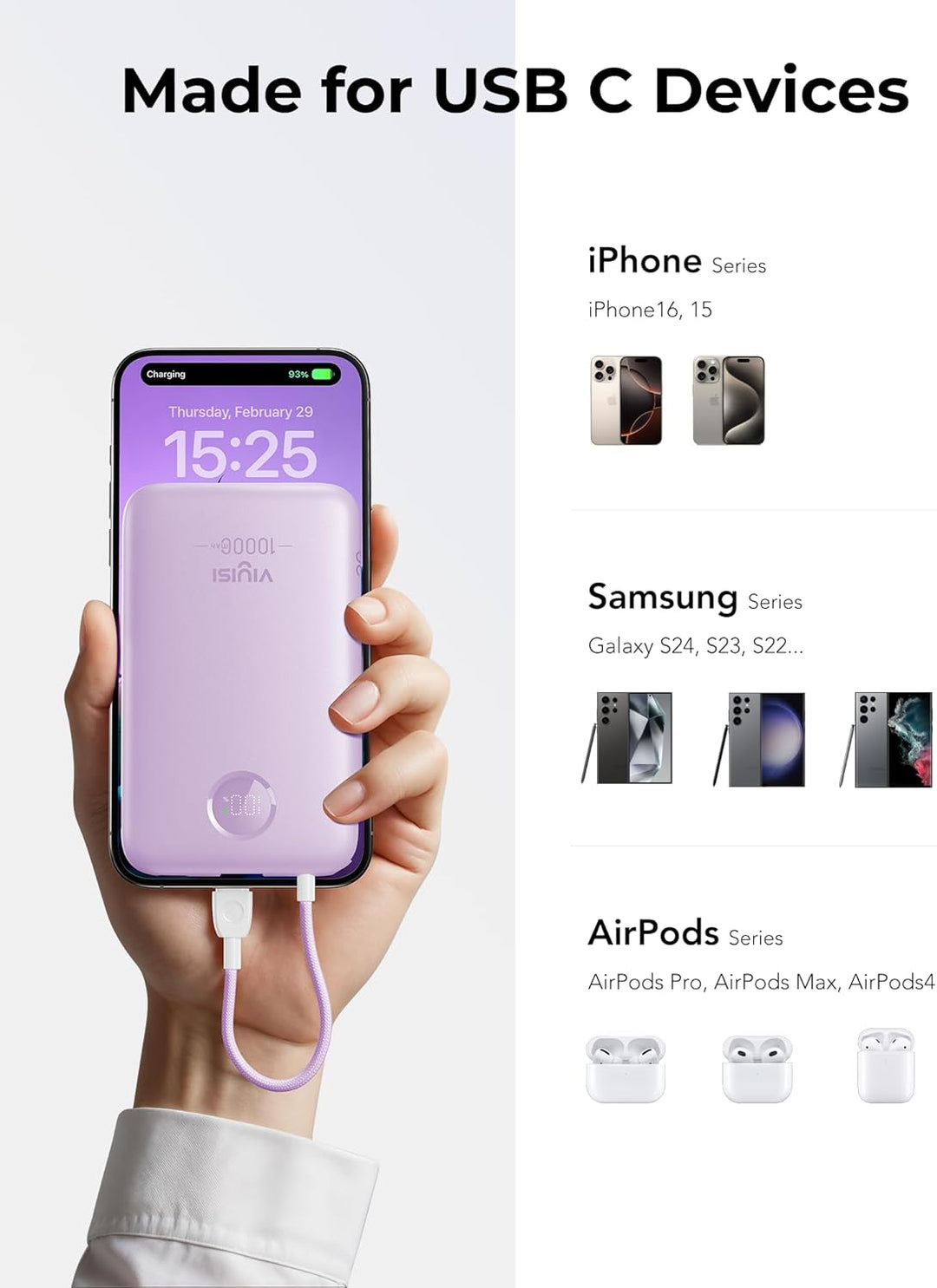 VIYISI Powerbank 10000mAh Ultradünn, 22.5W PD 20W Fast Charge mit Integriertem USB-C Kabel, LED-Anze
