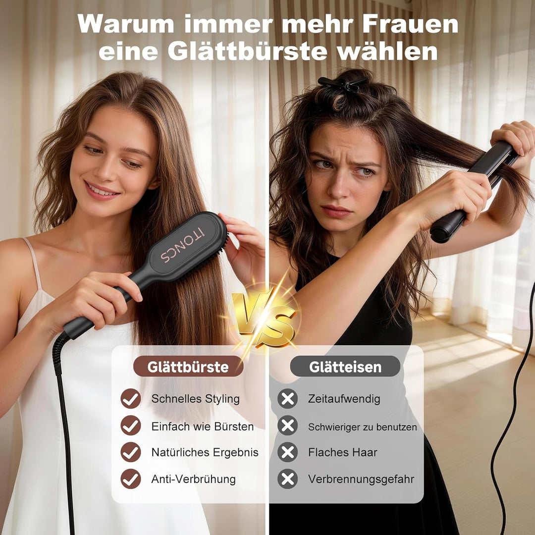 Glättbürste Ionen Haarglätterbürste, iToncs Glätteisen und Haarbürste 2 in 1, Verbrühungsschutz & Sp