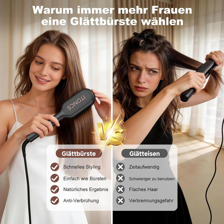 Glättbürste Ionen Haarglätterbürste, iToncs Glätteisen und Haarbürste 2 in 1, Verbrühungsschutz & Sp