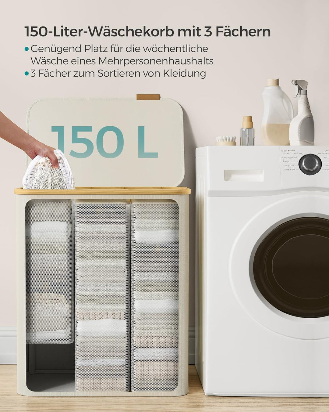 SONGMICS Wäschekorb mit Deckel, Wäschesammler mit 3 Fächern, 150 L, herausnehmbarer Wäschesack, Oxfo