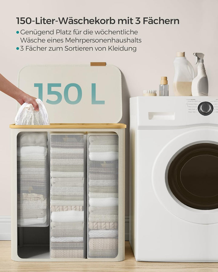 SONGMICS Wäschekorb mit Deckel, Wäschesammler mit 3 Fächern, 150 L, herausnehmbarer Wäschesack, Oxfo