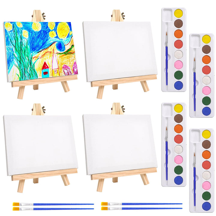 4 Stück Mini-Leinwand und Staffelei Set, 15x20cm Leinwand Mit 18x24cm Staffelei, 4stk 8-Farben Aquar