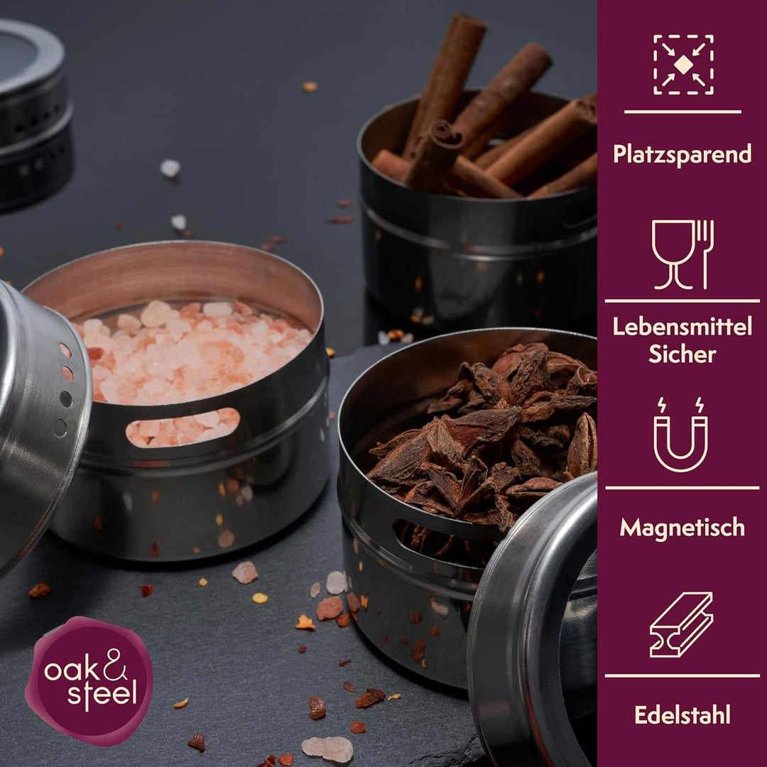 Oak & Steel – 12 Magnetische Edelstahl-Gewürzdosen (100ml, Silber) – 2-in-1 Gewürzbehälter mit Decke