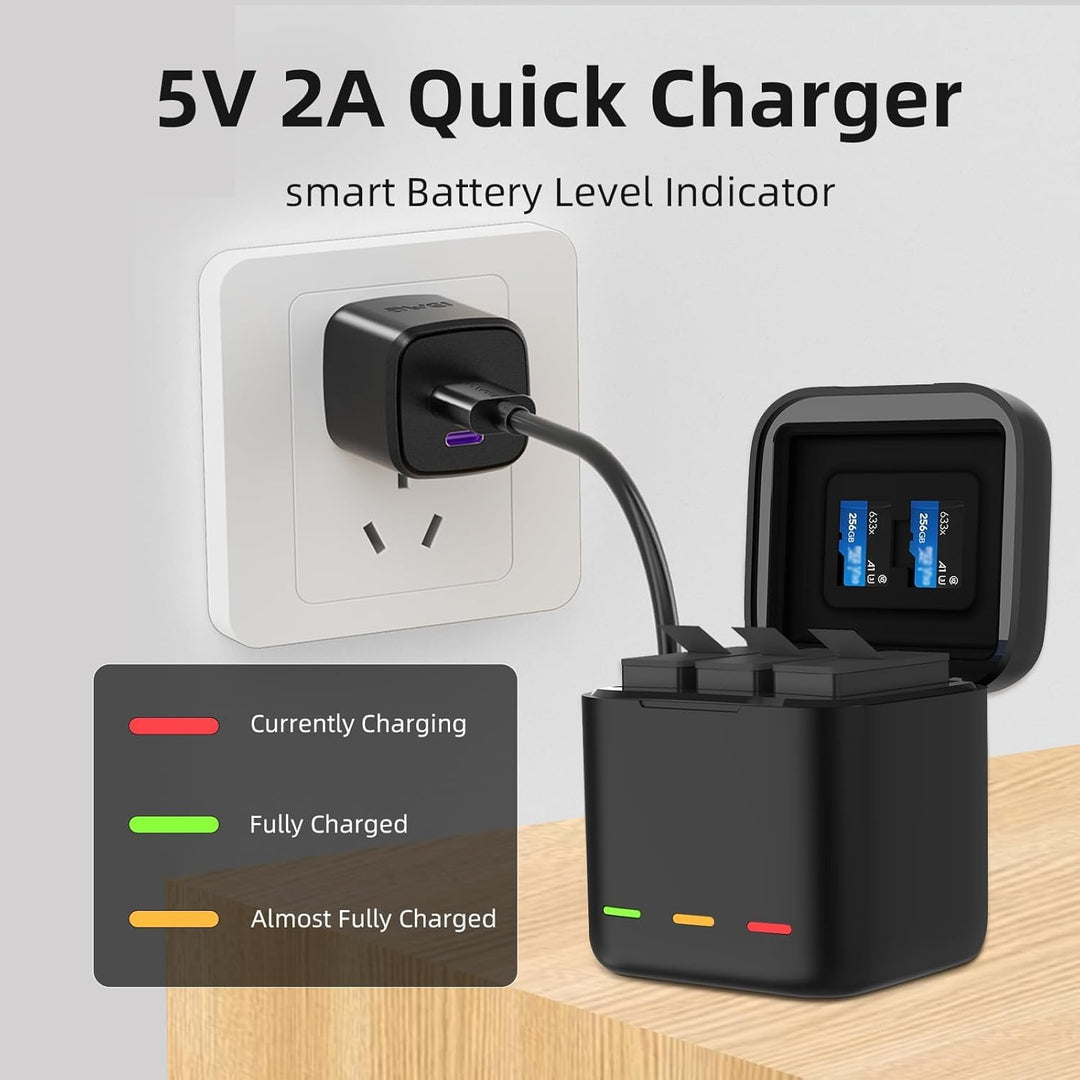 Akku-Ladegerät für Go Pro Hero 13 Black, Triple Slot USB-Ladekoffer mit Type-C Kabel Akkus Tragetasc